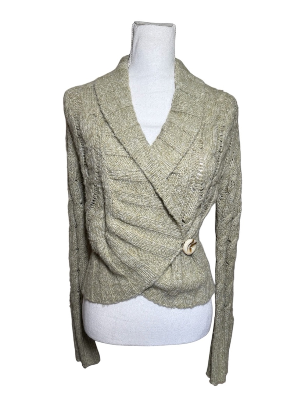 Free People Shawl-Collar Cable Knit Wrap Cardigan in Cream - Small
